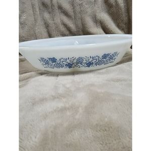 Vintage Glass bake Divided Casserole Dish White Blue Clover 12" J232